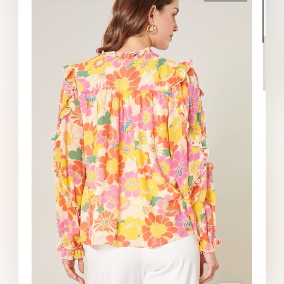Women’s SUGARLIPS Zippy Tropical Raj Ruffle Balloon Sleeve Blouse- Size Medium - Picture 2 of 12